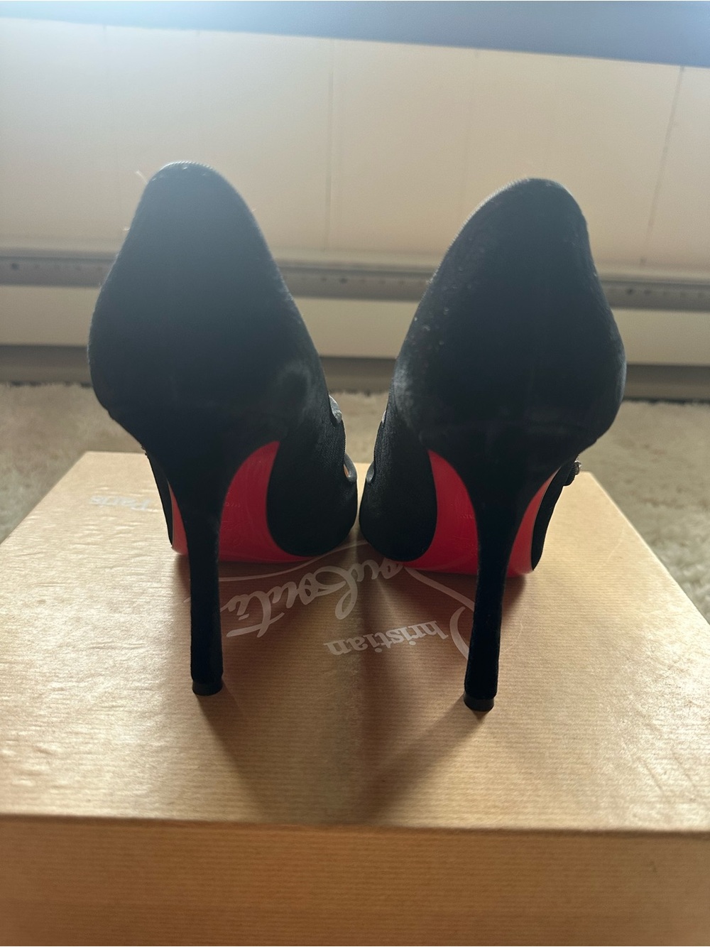Christian Louboutin Black Velvet Mary Jane Pumps with Crystal Flower - Picture 5 of 11